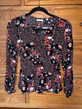 Maurices Black Floral Patchwork Smocked-Waist Blouse